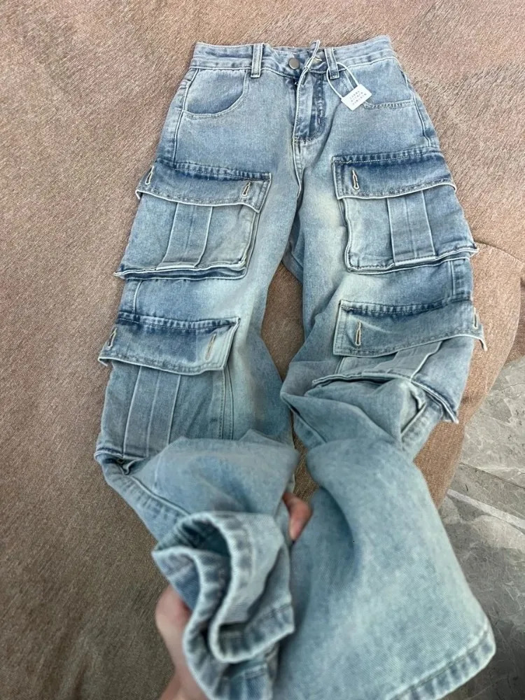 American Retro Multi Pocket Jeans for Women Y2k Oversize Strt Straight Trousers High Waist Loose Wide Leg Pants Z260313