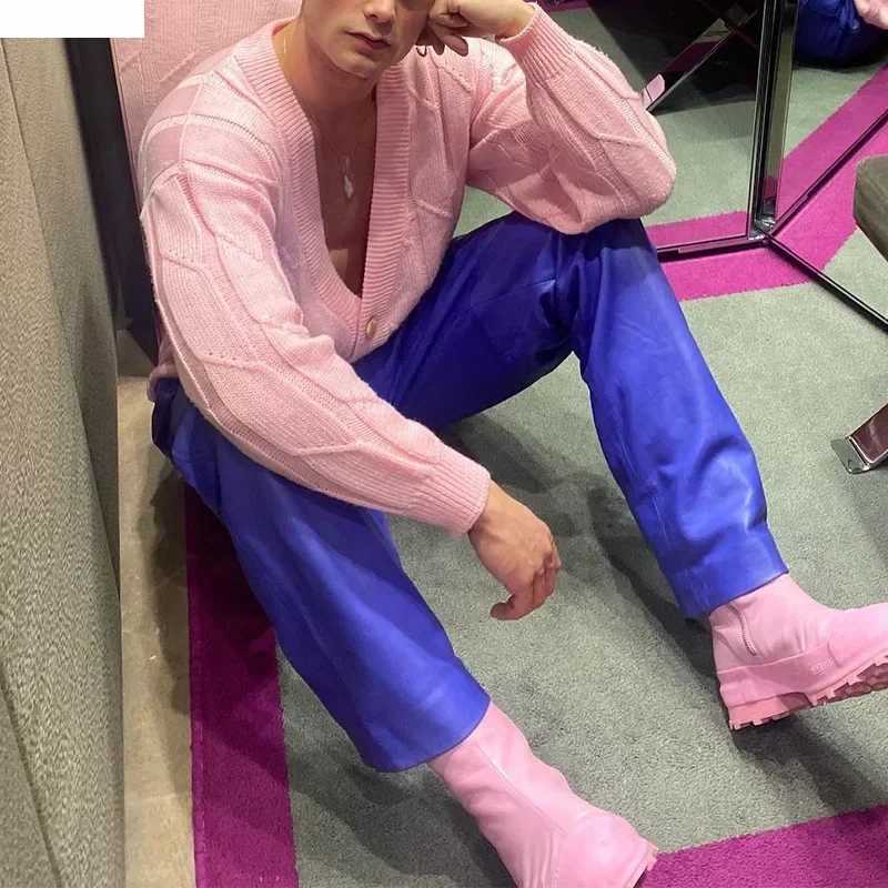 Sexy Deep V-Neck Pink Sweaters Men Fashion Loose Buttoned Long Sleeve Knit Cardigan Spring Trendy Streetwear Mens Knitwear XJ250805