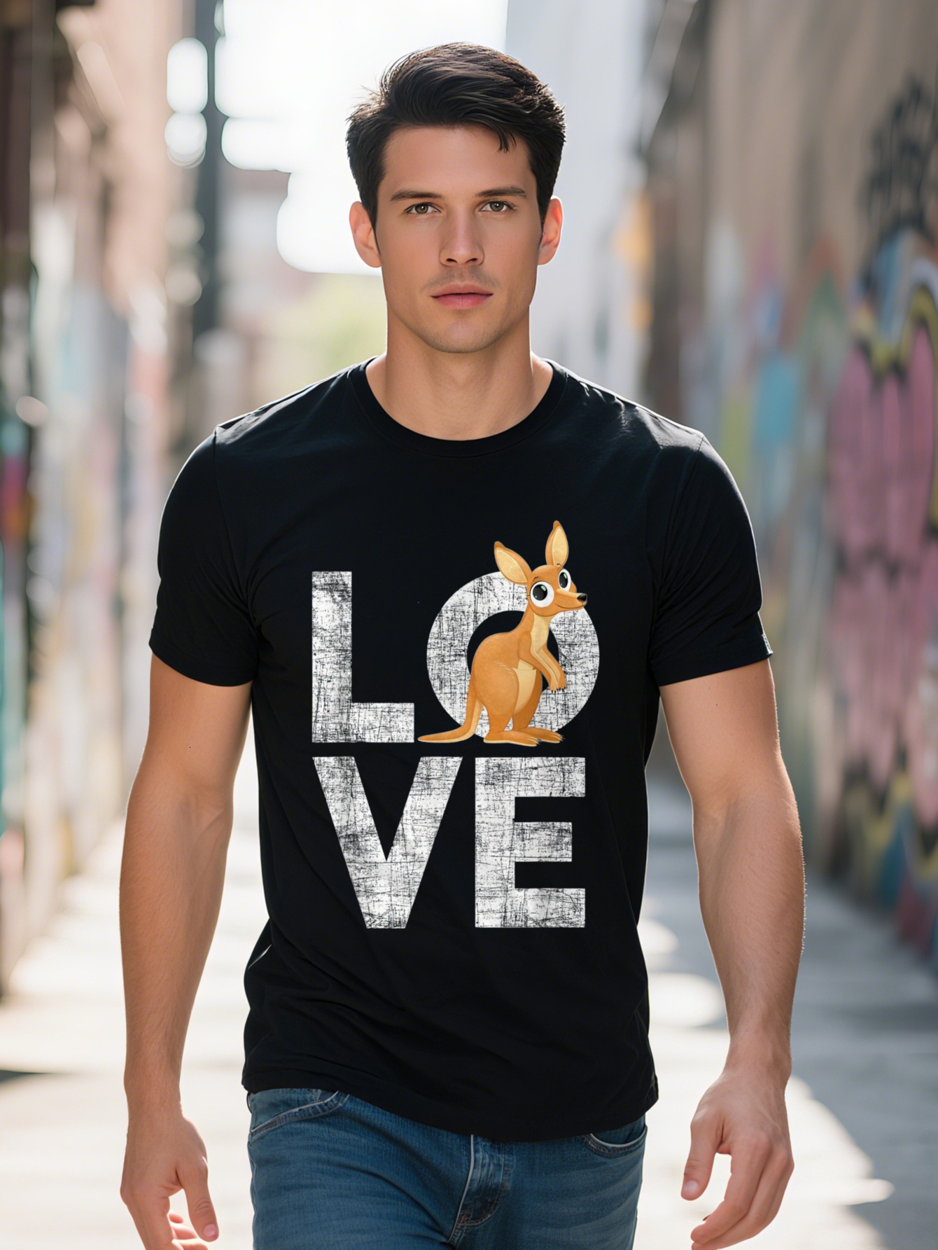 Men's 100% Cotton T-Shirt - Love Kangaroo Australia Zookeeper Safari Animal Lover T-Shirt, Black with White Distressed Letters, Short Sleeve, Cas