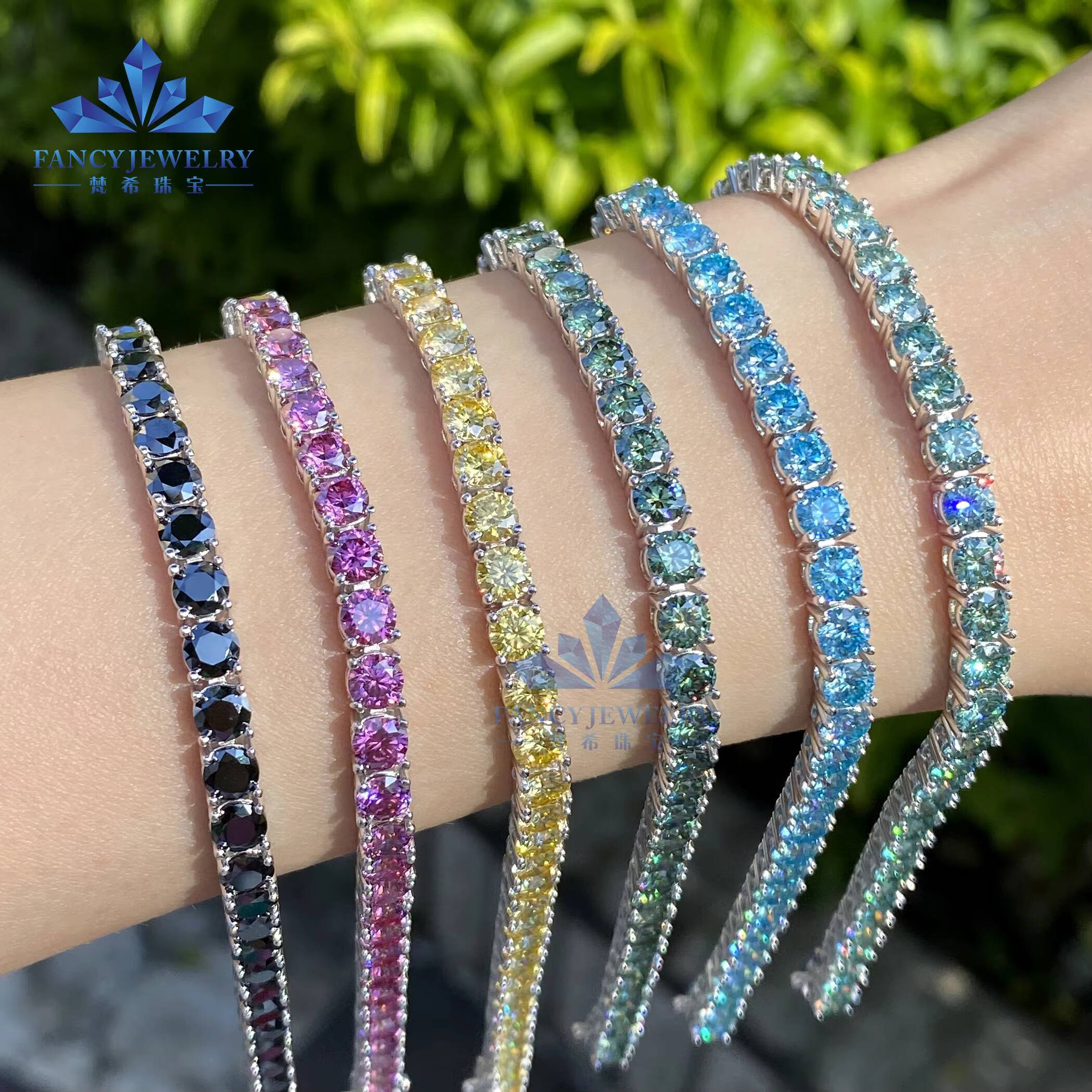 Wholesale Fine 925 Sterling Silver Hip Hop Blue Moissanite Tennis Chain 4mm Diamond Tennis Bracelet Moissanite