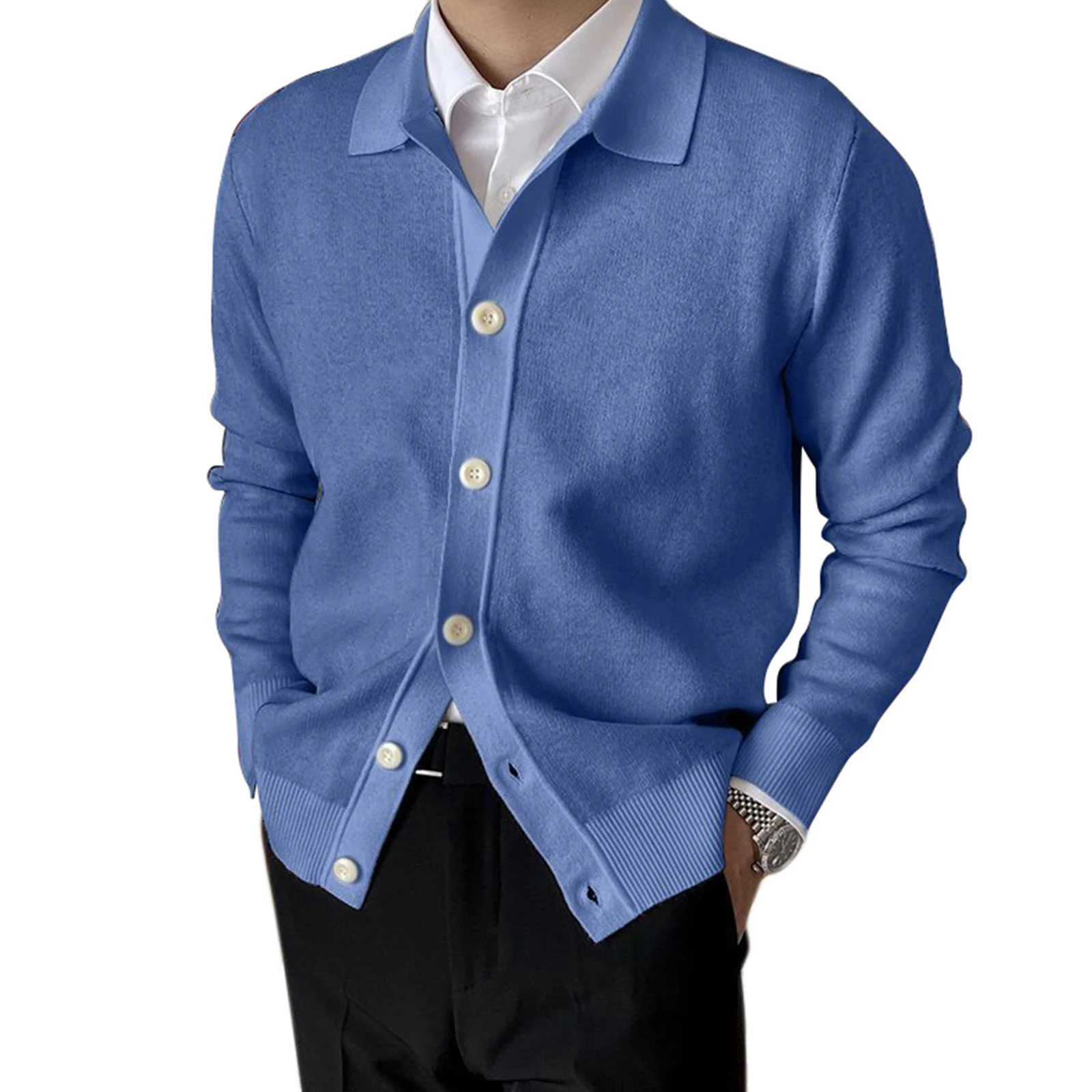 Mens Autumn Winter Knitwear Coat Long Sleeve Lapel Button Up Solid Color Cardigan Sweater XJ250805