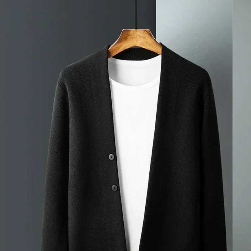 Man Clothes Solid Color Business Black Knitted Sweaters for Men Cardigan Plain Over Fit Knit Long Sleeve 100% Knitwear Fashion Old XJ250805