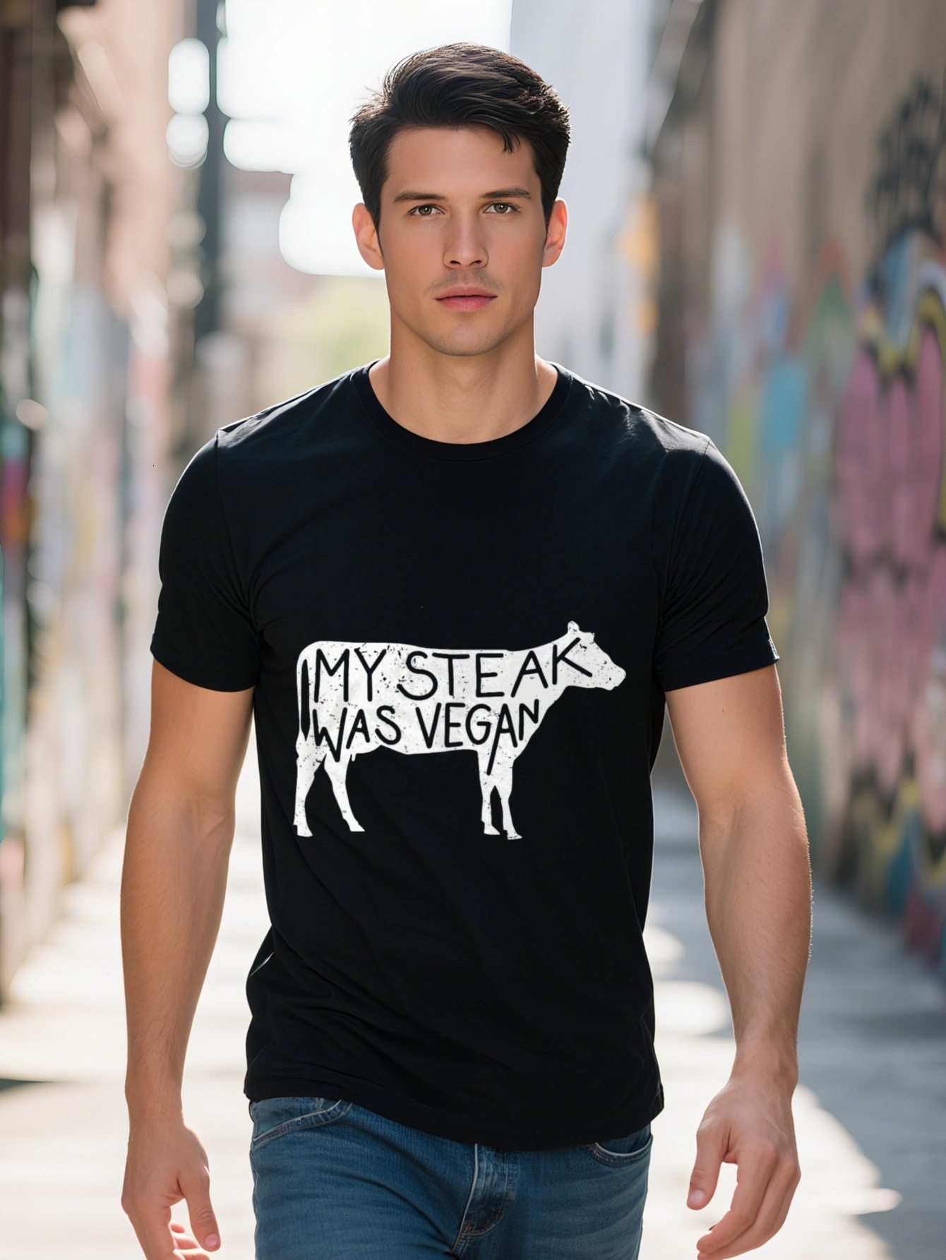 Men's 220g 100% My Is Vegan Funny Graphic T-Shirt Black White Print - Regular Short Sleeve Casual Steak Lover and Clothing, Humorous Clothing Pla