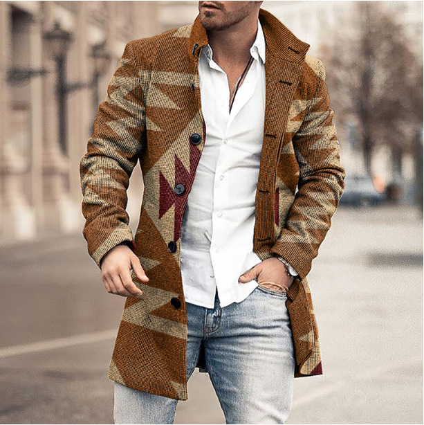 Men's Fall long coat floral print button lapel Fashion Office Winter Jacketcasual Nylon overcoat oversized new top coatp