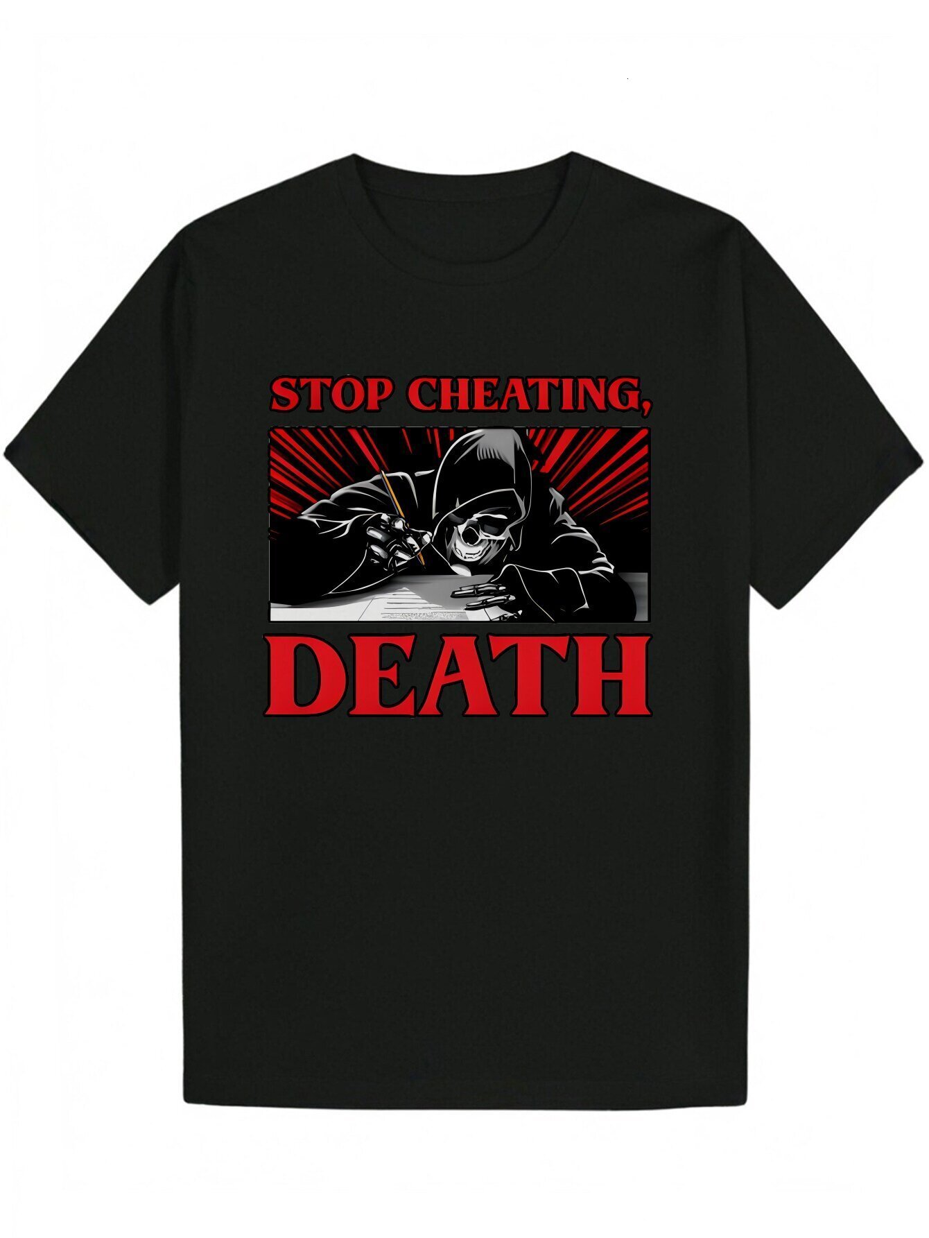 Men's Summer Casual Graphic T-Shirt - "Stop Deceiving Death" Design, Black Polyester Crew Neck T-Shirt, Machine Washable, Eye-Catching 