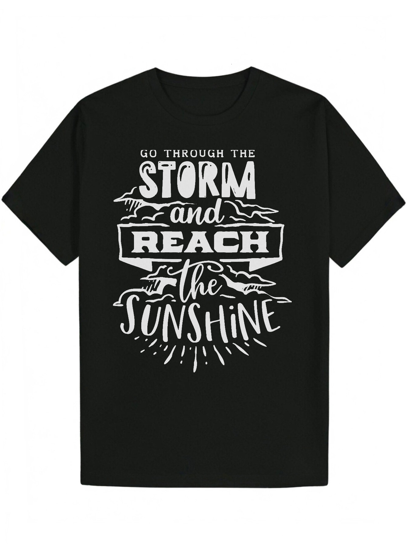 Men's Summer Casual Short Sleeve - Black Inspirational "Through the Storm" Letter Print, Breathable Polyester, Regular Fit, Machine Was