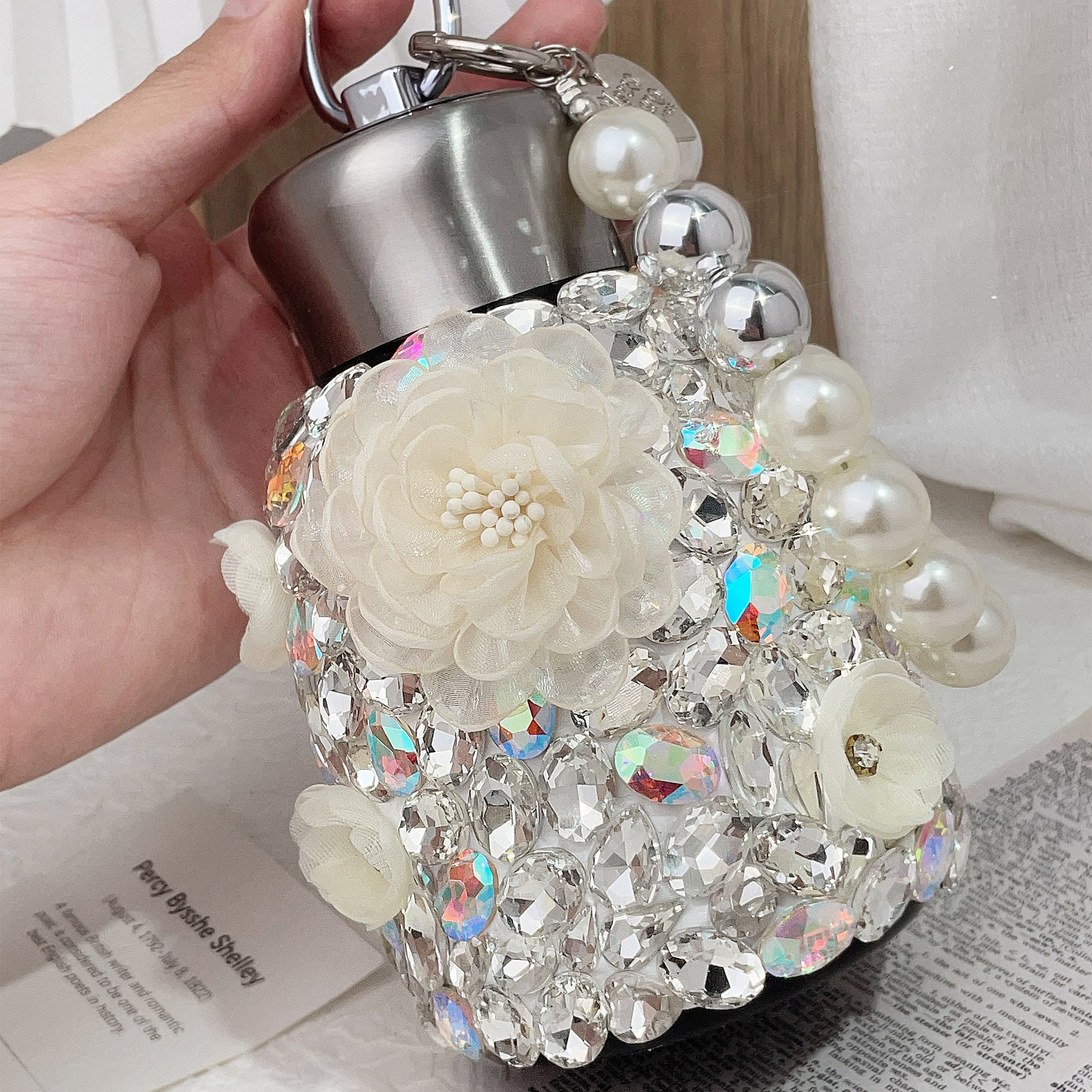 Designer Flower Water Bottle Luxury Crystal Double Wall Vacuum Reusable Coffee Cups Travel Mug Stainless Steel Insulated Thermos Tumbler with Handle P