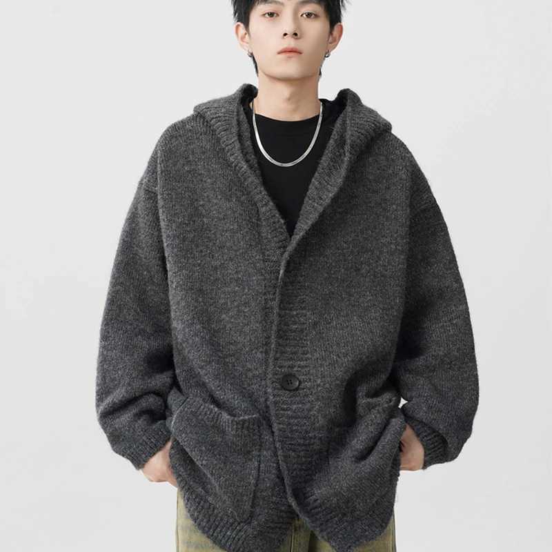 Winter Gray Woolen Knitted Cardigan Hooded Sweater Mens Pockets College Fashion Knitwear Jacket Y2K Vintage Jumpers Hombre XJ250805