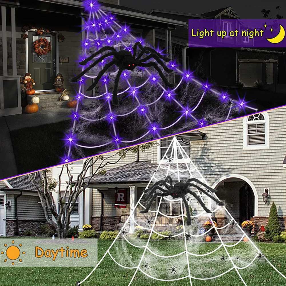 Halloween Spider Web Light Up Spider Web 8 Modes Spider Net Lights 250 LEDs Decorative Spiderweb Light for Garden Yard XJ250804