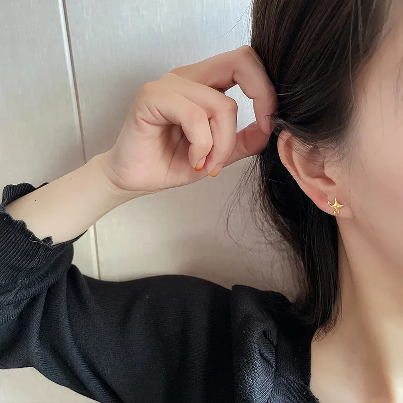 S925 Silver Needle Gold Color Star Small Stud Earrings For Women Girl Korean Tiny Asymmetry Cross Earring Summer Jewelry Gift 250729