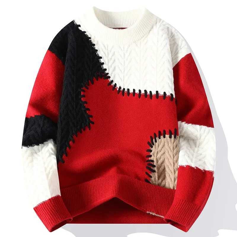 Men Knitted Jumpers Patchwork Sweater O Neck Pullovers Spliced Long Sleeve Jumper Slight Stretch Standard Wool 2024 Casual XJ250805
