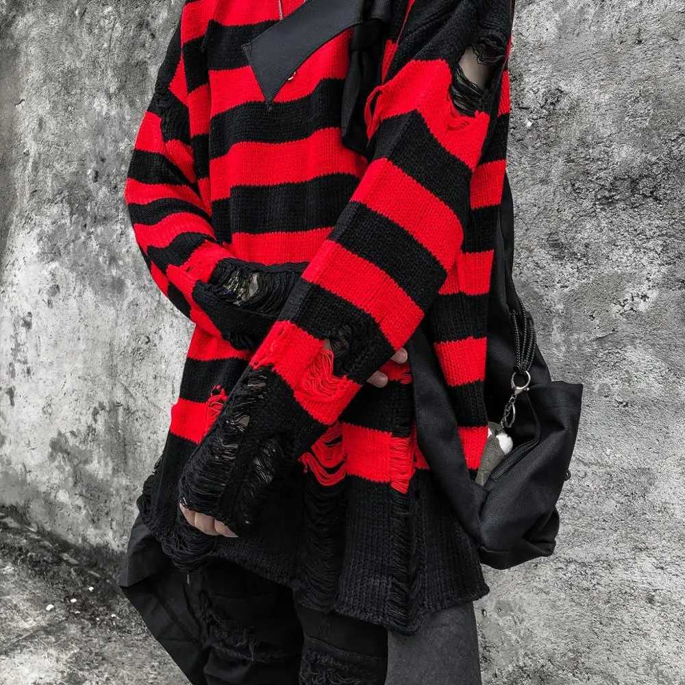 Mens Black Red Striped Oversized Sweater Washed Ripped Hole Knit Jumpers Unisex Harajuku Style Casual Comfortable Sweater XJ250805