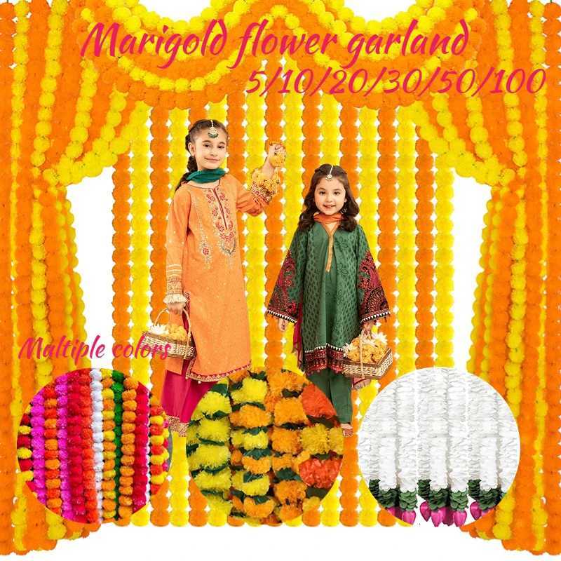 5-100pcs Marigold Garland for Decoration Artificial Marigold Flower 5ft(1.5m) Diwali Pooja Indian Wedding Day of The Dead Mexican X250805