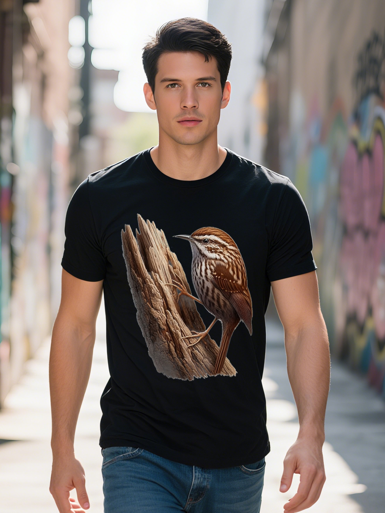 Men's Short Sleeve - 220g 100% Cotton Brown Treecreeper Bird Pattern T-Shirt, Casual Regular Fit Neck, Machine Washable Crew Neck T-Shirt Digital