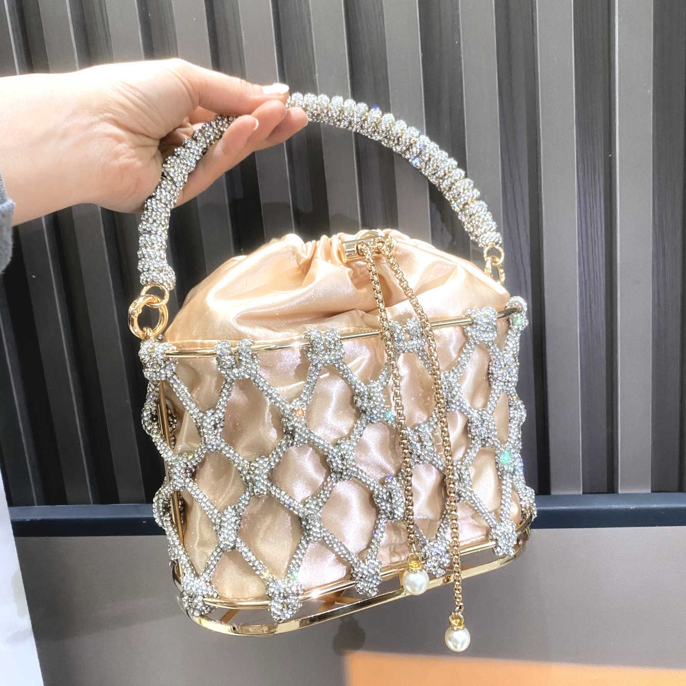 luxury bag designer bags Evening Bag Chain Rhinestone Woven Basket Embellished Bucket Bag Handheld Crossbody Women's Bag