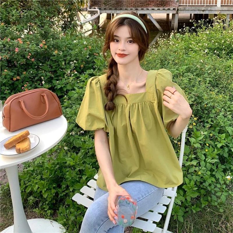 Women's Blouses Orange Square Collar Bubble Sve Ort Irt Women Summer Design Sensation Doll Ele Loose Top French Sle...