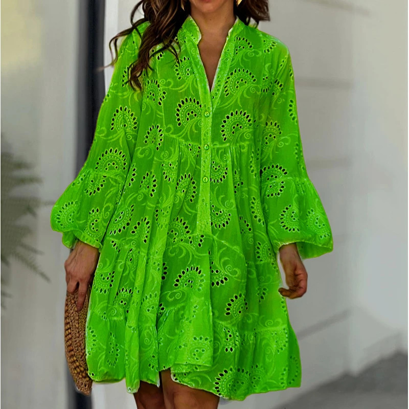 Summer Elegant Vintage Solid Lace Dress V-neck Loose Hollow Out Pattern Embroidery Vestidos Women Beach Sexy Mini White Dresses 250804