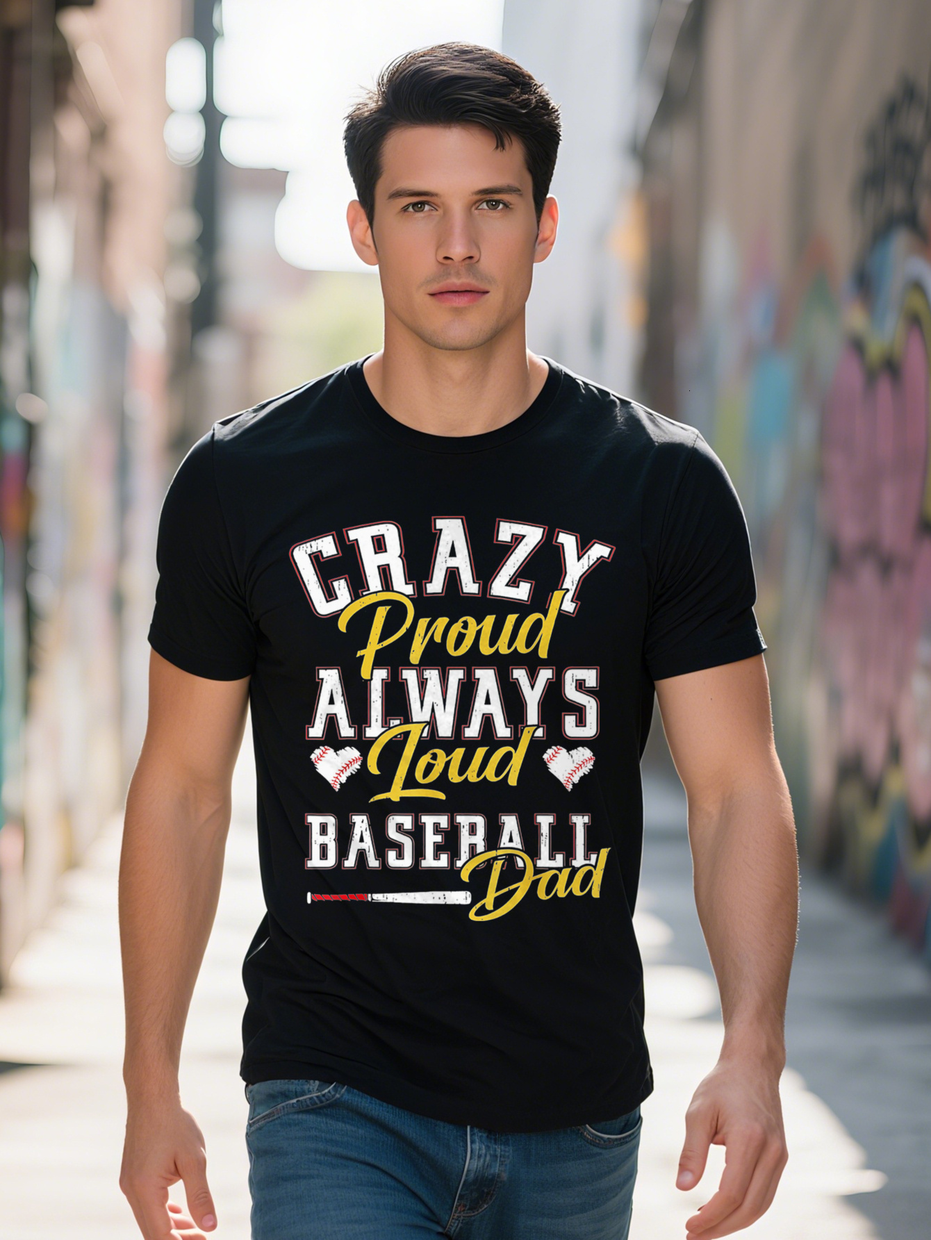 Graphic for Men and Women 100% Cotton Breathable Fabric Short Sleeve S Spring Summer Clothing - Funny Baseball Dad Crazy Proud Forever Loud Father