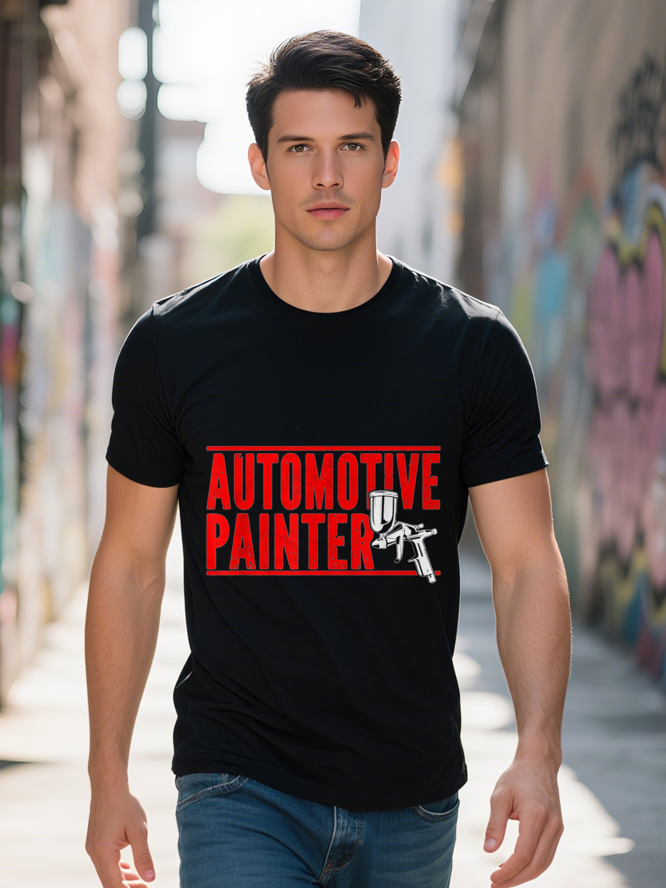 Men's 220g 100% Cotton - Bold Red & White Car Painter Design, Short Sleeve Casual T-Shirt, Regular Fit, Machine Washable, Comfortable for All Sea