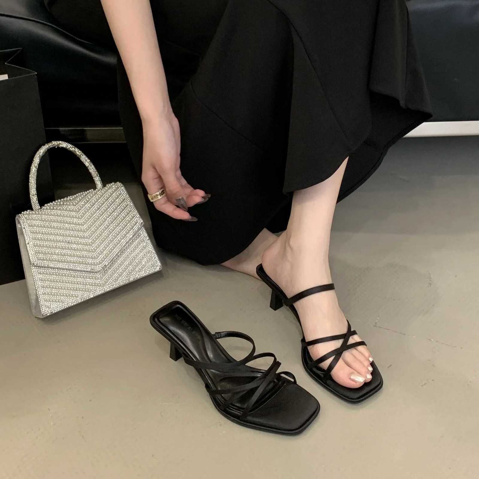 Fashion Ladies Summer Sandals Sexy Open Toe Spaghetti Strap Party Wedding Black Leopard Comfortable Mid Heel Women Sandals W250805