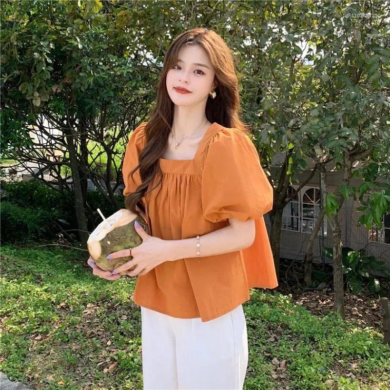Women's Blouses Orange Square Collar Bubble Sve Ort Irt Women Summer Design Sensation Doll Ele Loose Top French Sle...