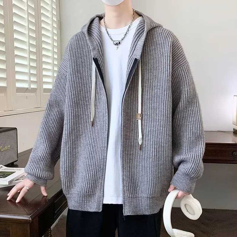 2025 Zipper Knitted Hooded Sweater For Men Korean Fashion Vintage Cardigan Knitwear Y2K Streetwear Casual Jackets Mens Jersey XJ250805
