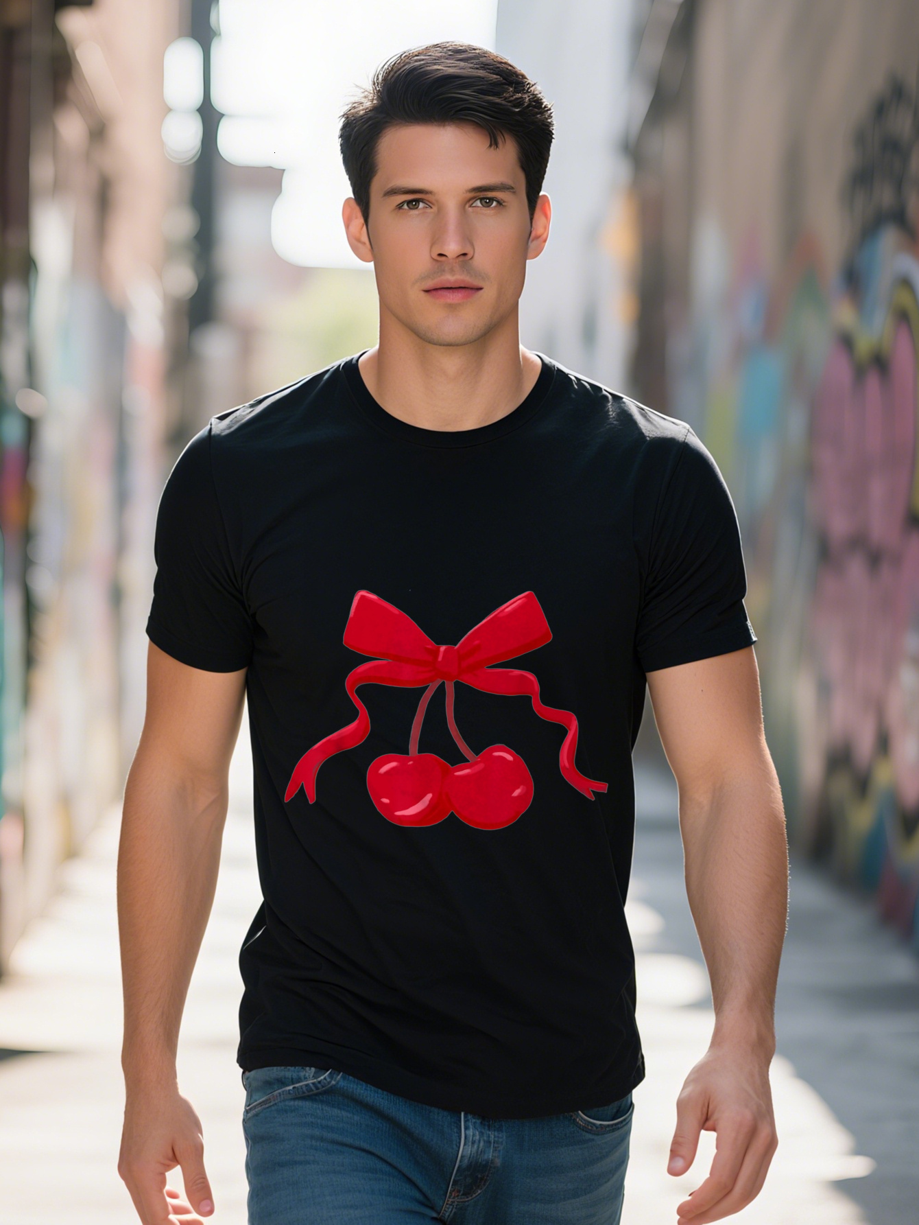 100% Cotton T-Shirt for Men - Playful Cherry & Red Bow Pattern, Short Sleeve, Crew Neck, Casual Summer T-Shirt, Machine Washable cc335