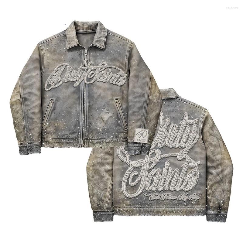 Men's Jackets Mens Vintage Distressed Denim Jacket With Letter Patches Rhinestone Embroidery Gray Zip Up Streetwear Hip Hop Casual Outwear