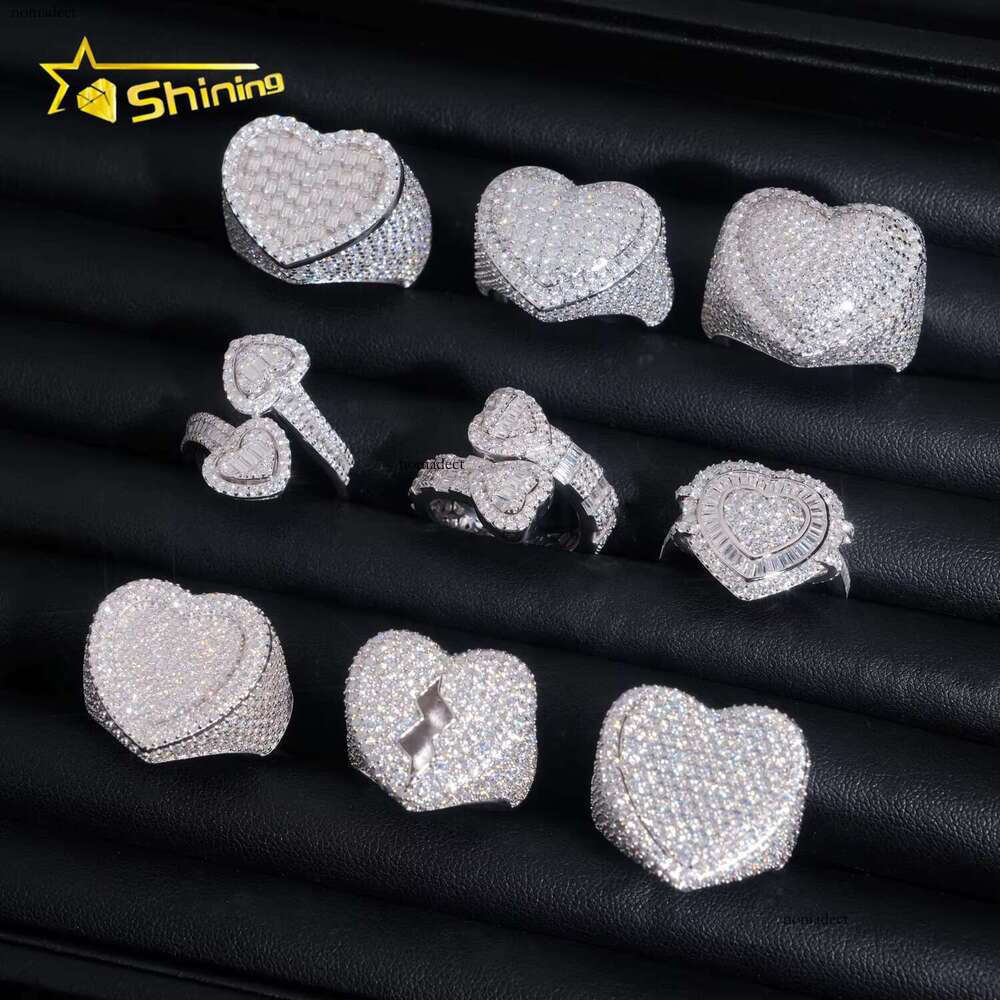 Fine jewelry pure silver gold-plated ice out men's heart-shaped VVS silica hip-hop ring