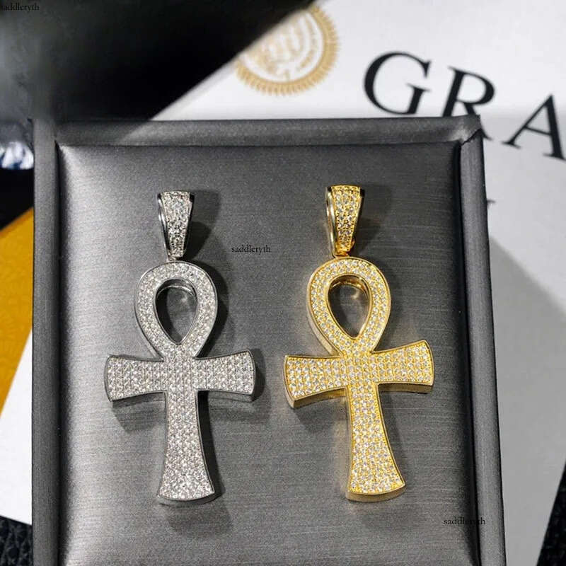 VVS1 Moissanite S Sier Round Ankh Cross Pendants Necklace Real Dia Iced Out Necklaces For Men Women Jewelry With GRA