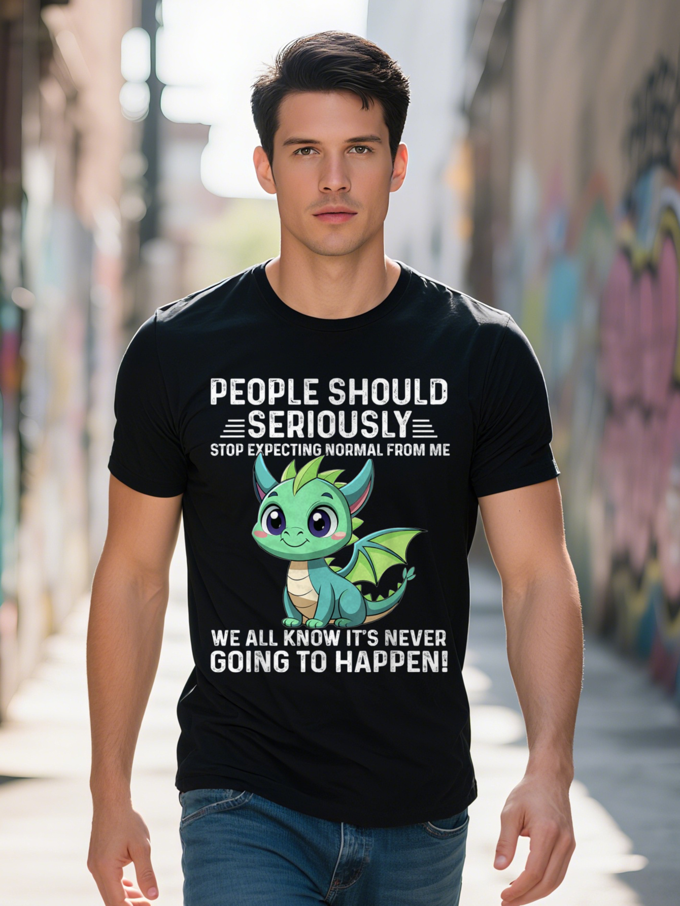 Funny Dragon Graphic Tee Men - 100% Cotton, Black Tee, Humorous People Should Seriously Stop Expecting Normal From Me Casual Clothing Design, Short Sl