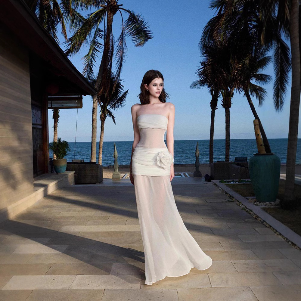 2025 trend beach vacation style transparent mesh tube top with a slim and elegant design, suitable for travel and photography. New designer dresses