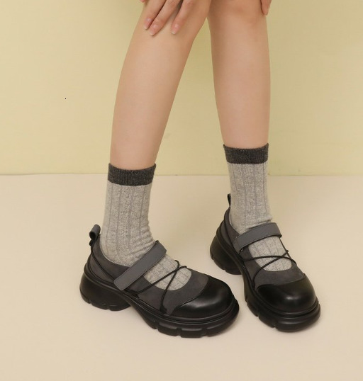 Retro Thick Bottom Mary Jane Women New Fashion Chunky Heel Women's Sneakers Black Gray Heightening Shallow Single Shoes ddmykukumalu