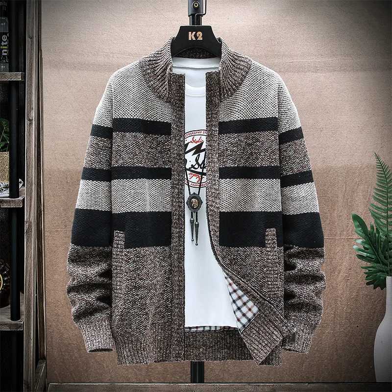Mens Winter Striped Sweater Cardigan Patchwork Thick Warm Sweaters Coat Fleece Thick Warm Knitwear Zip Up Coat Mens Jacket XJ250805