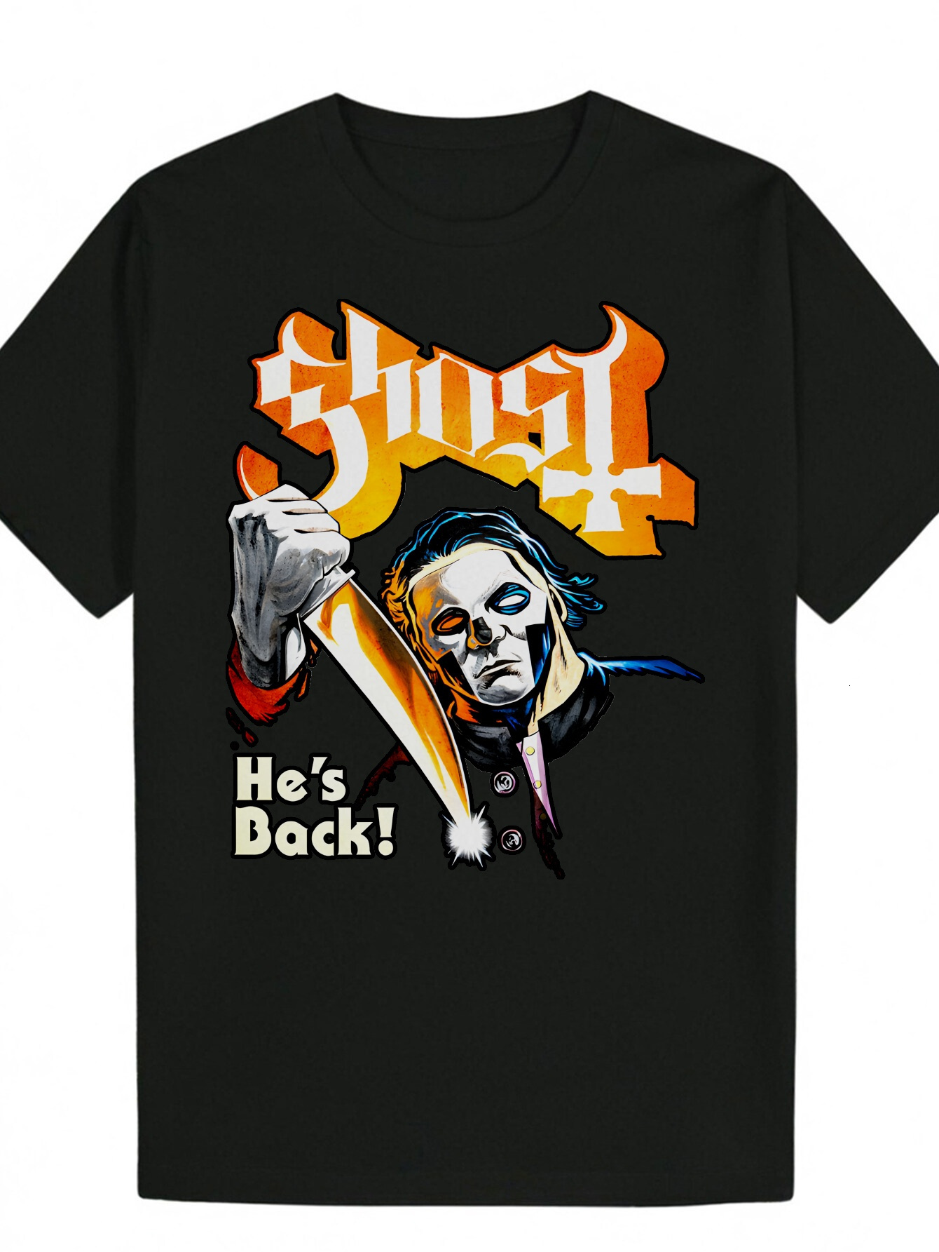 Men's Summer Pattern T-Shirt - 'He's Back Flame and Knife Design, Black Polyester Crew Neck T-Shirt, Machine Washable, Suitable for Cas