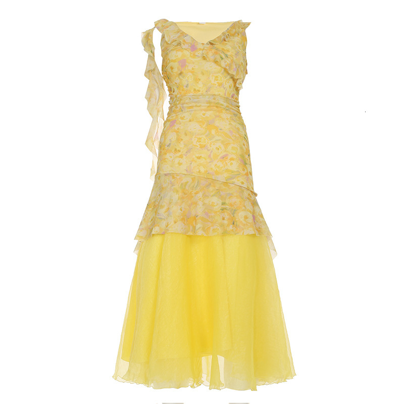 2025 Summer Dopamine Summer trend Sweet Vacation Style Ruffle Flower Dress Women's Waist Irregular V-neck Tank Top New Designer Dress