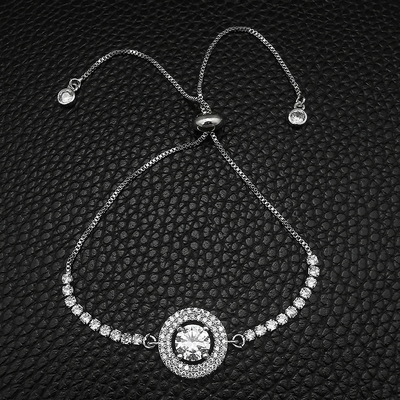 Valentine's Day Micro Pave Zircon Adjustable Round Disc Full Dia Pull-out Couple Bracelet