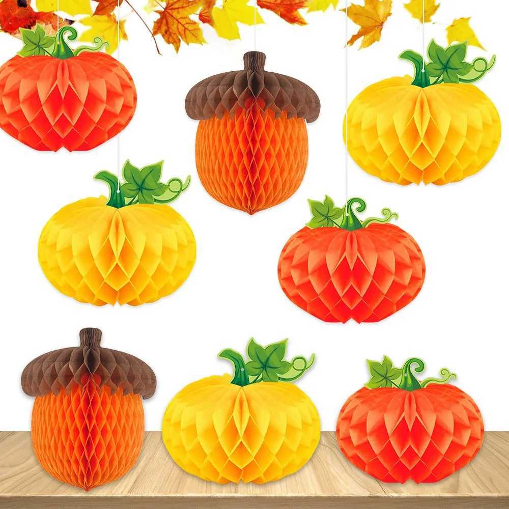 3Pcs/set Pumpkin Chestnut 3D Honeycomb Pendant Thanksgiving Halloween Party Decoration Honeycomb Pendant Autumn Harvest FestivalXJ250804