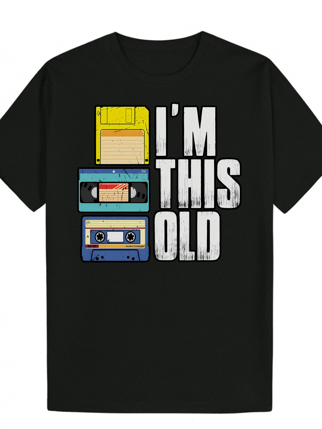 Men's Summer T-Shirt with Cassette Tape Design - 'I'm This Old' Print, Black Polyester, Crew Neck, Regular Fit, Casual Wear Patter