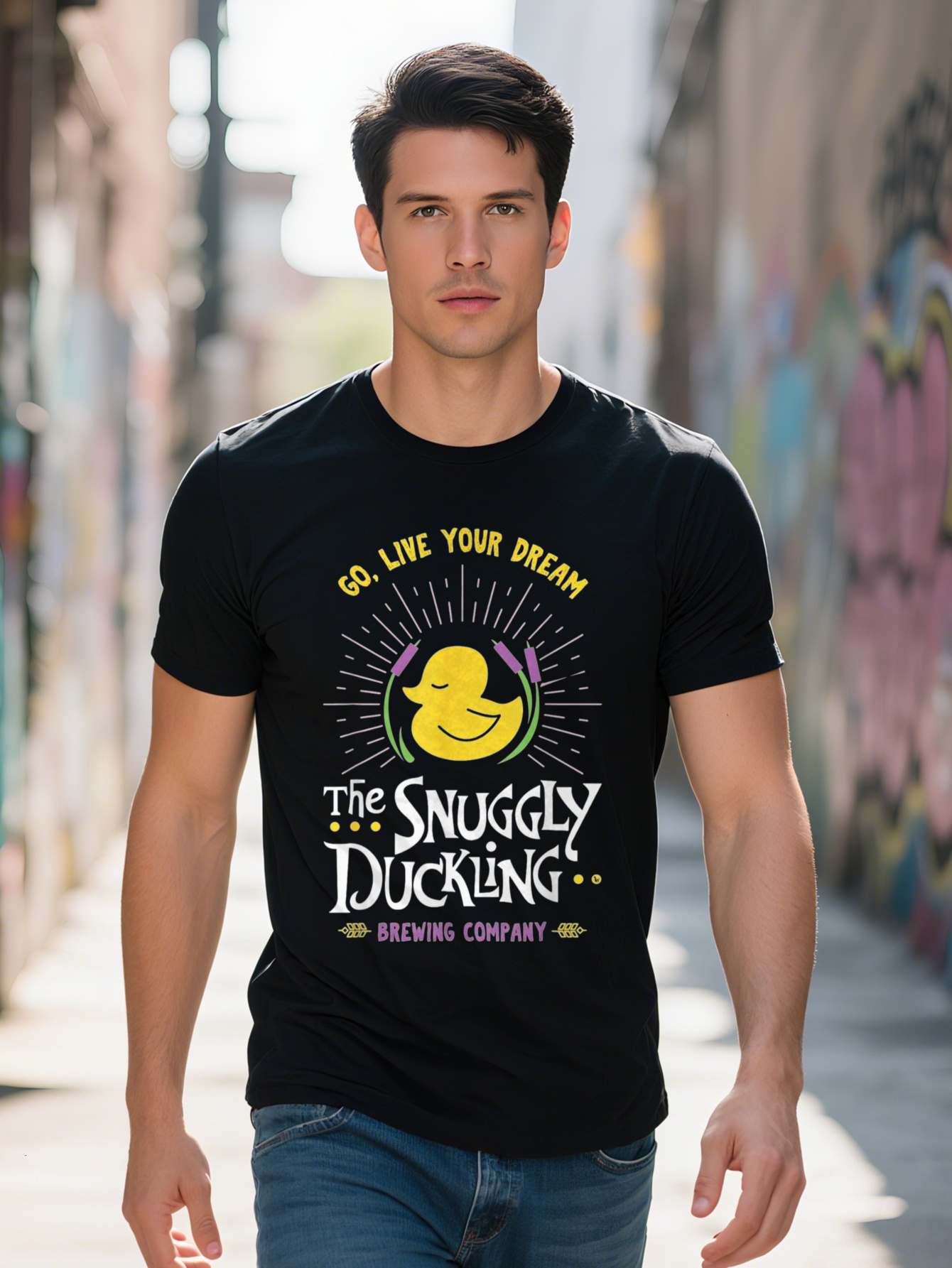 Fitted Little Duck Brewing Company Men's 220g 100% Cotton - Black Casual Short Sleeve Round Neck T-Shirt with "Go Live Your Dream" Cart