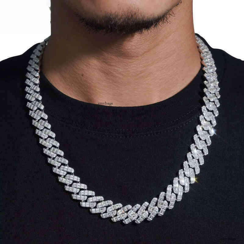 Rappers Design Hip Hop Jewelry Sterling Sier VVS Moissanite Dia 2 Rows Baguette Cuban Link Chain