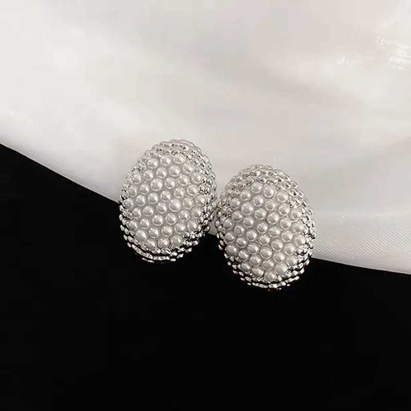 2024 New Trendy Pearl Oval Stud Earrings for Women Full Imitation Pearl Beads Gold Color Metal Side Cute Small Earrings Y250804