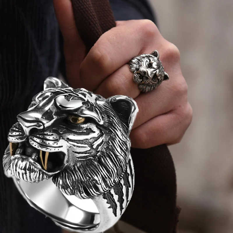 Punk Silver Color Tiger Head Rings for Men King of The Forest Domineering Gothic Accessories Retro Biker Jewelry Gifts M250805