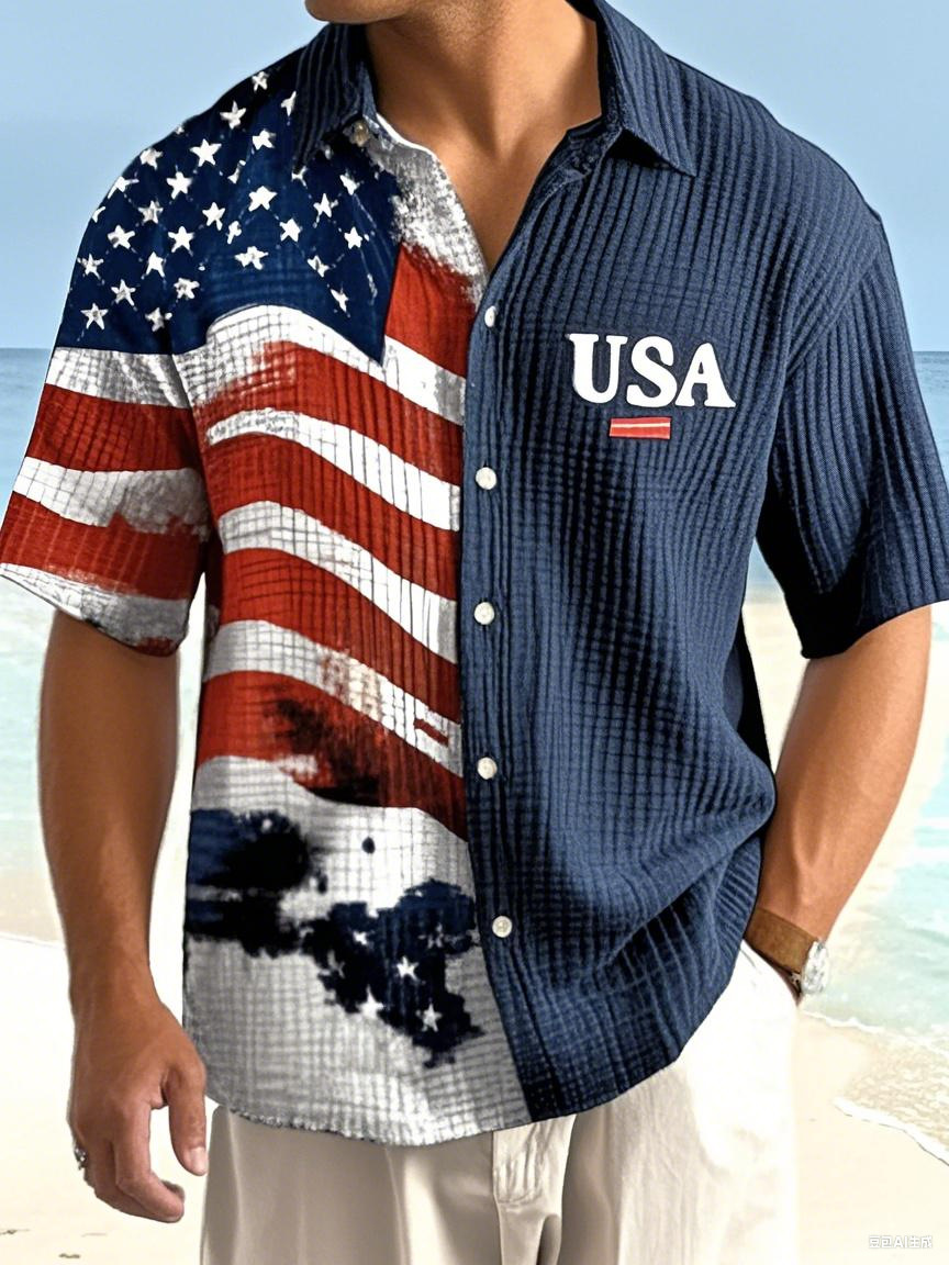 Men's blouse, high-weight fabric, retro style, color matching printing, short-sleeved button-down shirt