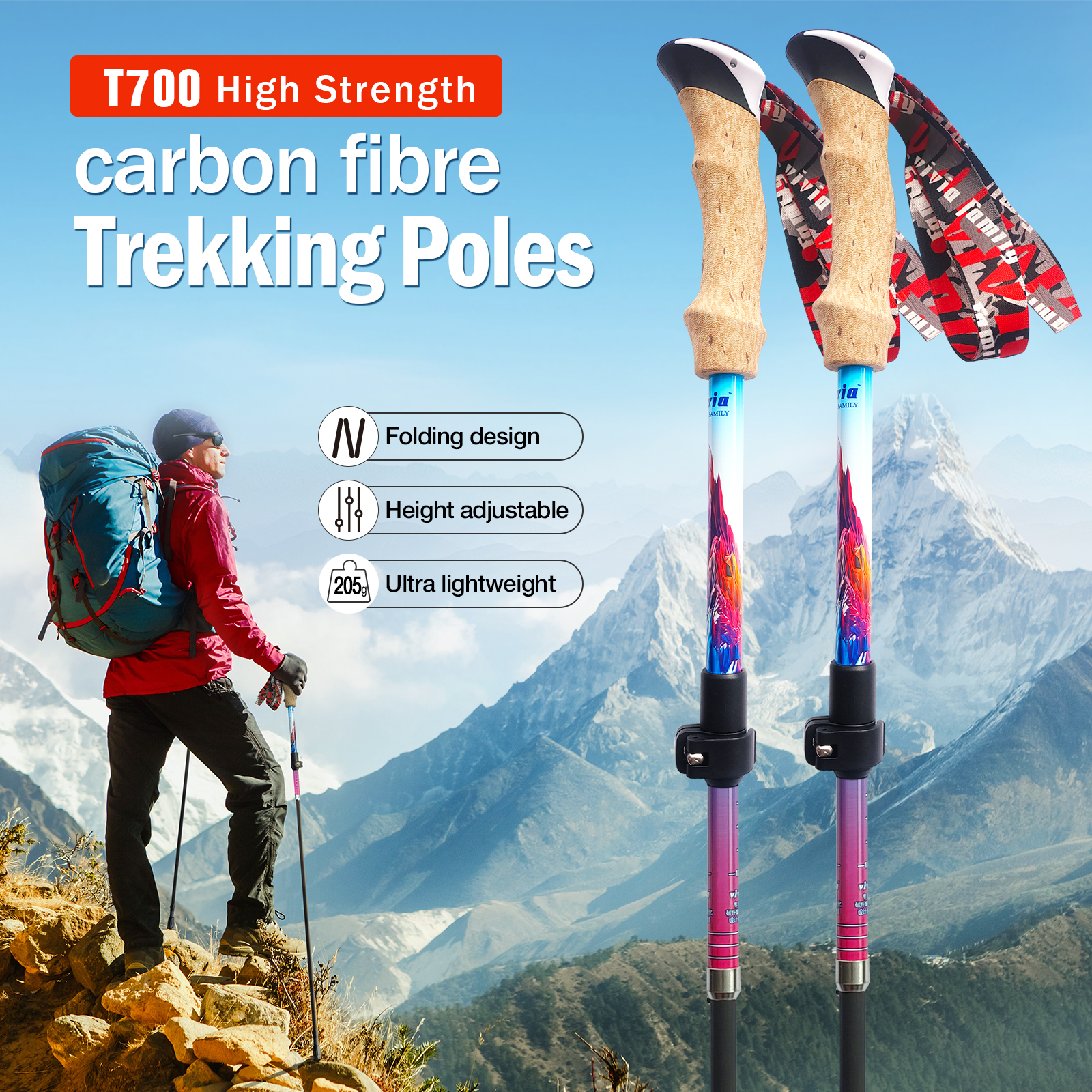 Trekking Poles Carbon Fiber Telescopic Folding Multifunction Pole Portable Hiking Pole Trail Walking Stick