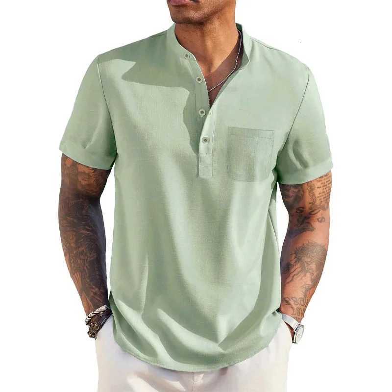 Summer Mens Cotton Linen T-Shirt Henley Neck Pocket Casual Lightweight Breathable Beach Shirt Solid Color Basic Style Tops W250805