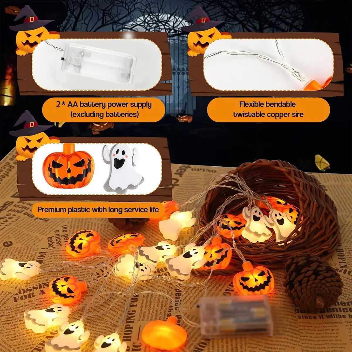 1pc 10/20 LED Halloween Single Layer Pumpkin Ghost String Light Battery Powered For Home Garden Holiday Halloween Party Decoration XJ250804