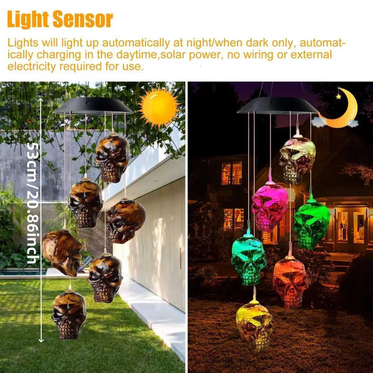 1pc 6LED Halloween Skull Head Solar Wind Chime Lights Solar Operated Color Changing Hanging Garden Lights Suitable for Bar Decoration XJ250804