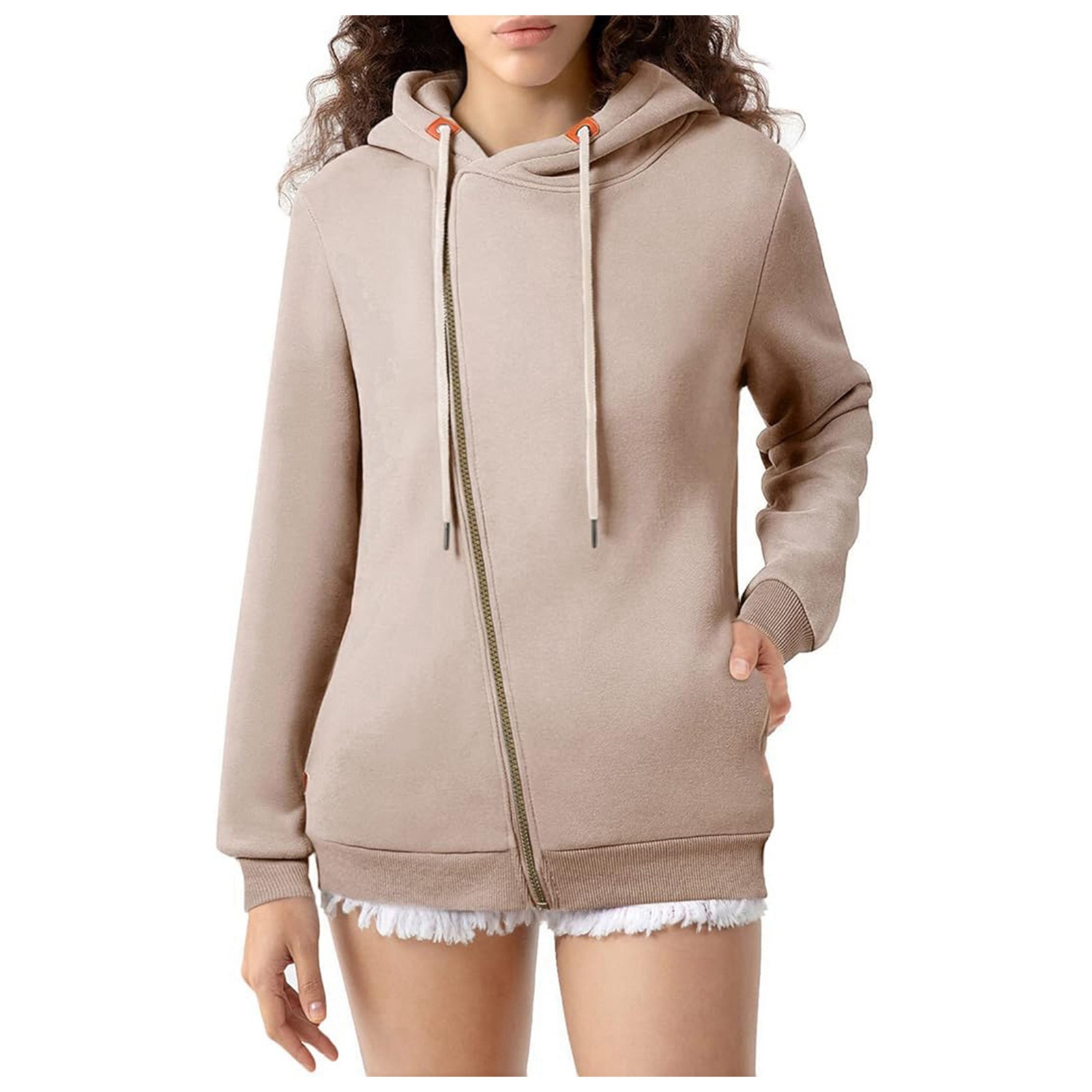 New Women's Pocket Hoodie Women's Solid Color Zipper Hoodie