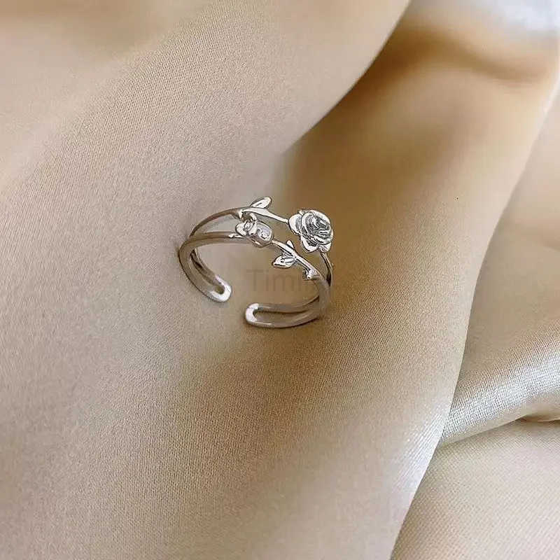 Fashion Goth Double Layer Rose Couple Rings for Men Women Retro Open Stainless Steel Thorns Punk Finger Ring Jewelry Y2k Gift U250805